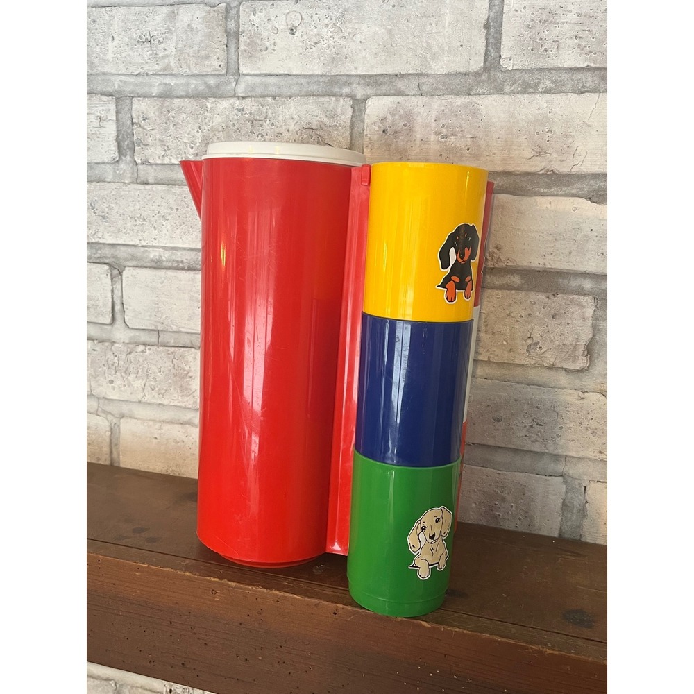 Vintage Ingrid Drink Connection Plastic Pitcher 6 Colorful Cups w Dachshund Dogs